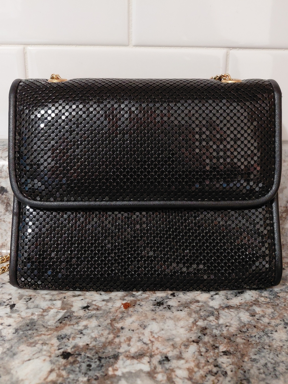 Whiting & Davis Black Mesh Evening Purse Handbag with Gold Chain